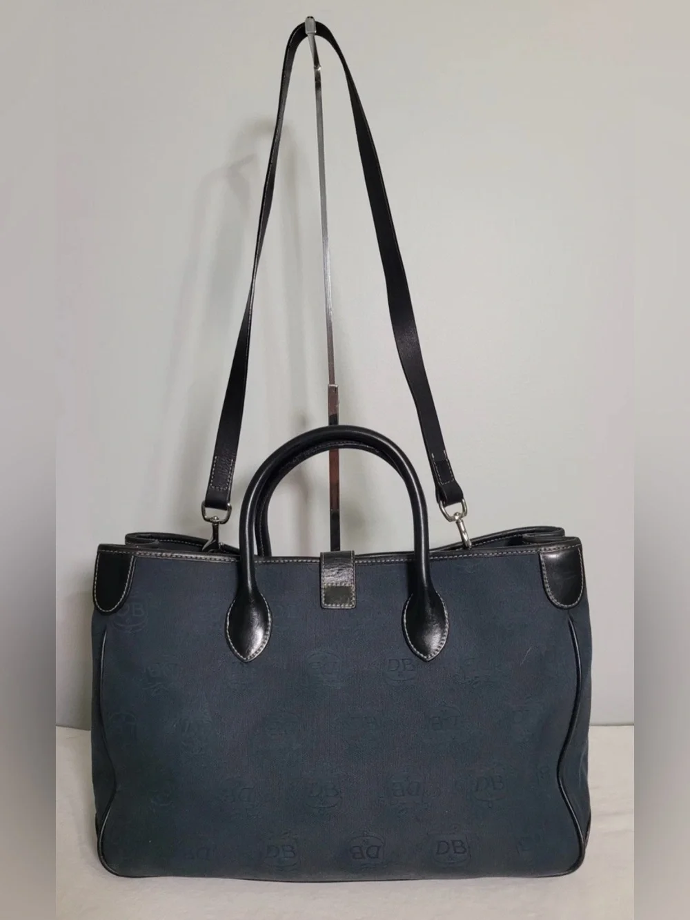 Dooney & Bourke Monogram Tote Crossbody Bag Navy Canvas Black Leather Trim